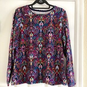 The Talbots Crewneck Tee Top Cotton Navy Blue Colorful Paisley Print Long Sleeve